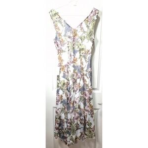 Connected Apparel Audrey Floral Midi Dress White Pink V-Neck Handkerchief‎ Hem 8